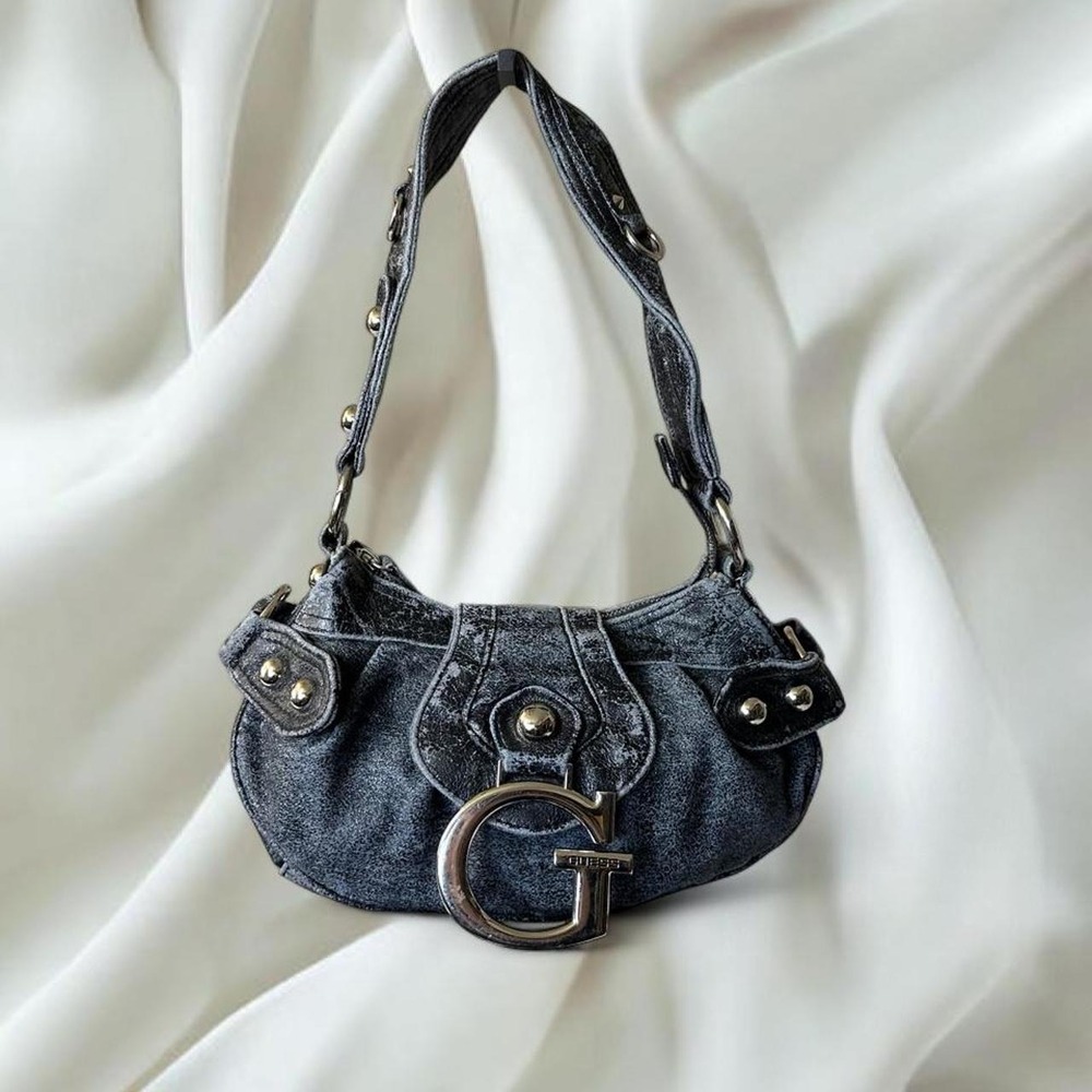 Guess dark wash denim shoulder bag silver logo buckle y2k vintage grunge
